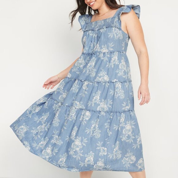 Old Navy | Blue Floral Flutter-Sleeve Floral Tiered Smocked Midi Swing Dress XS - Picture 1 of 8